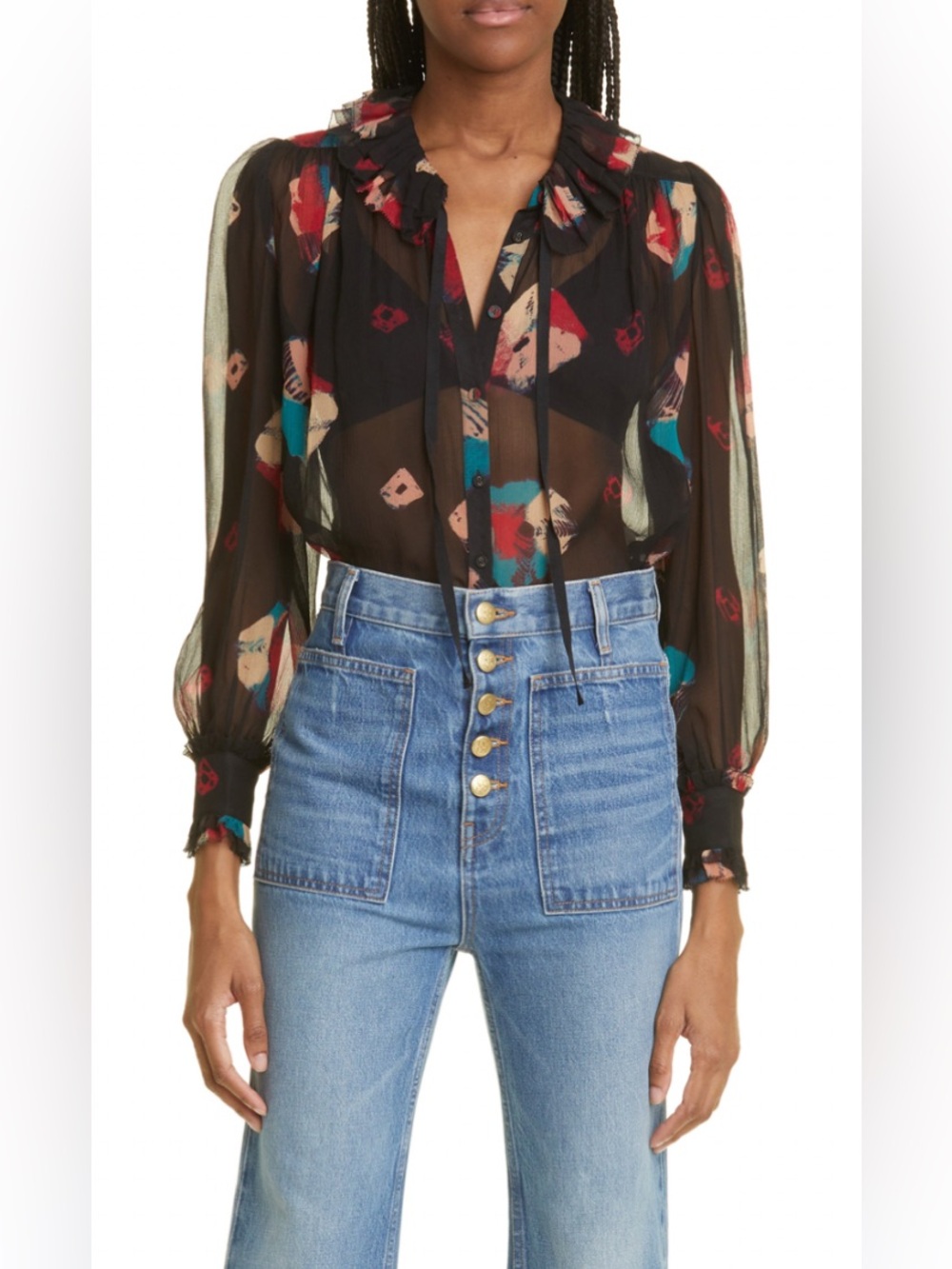 ULLA JOHNSON Pippa Floral Print Tie Neck Silk Blouse In Black NWOT $1107 Sz 6